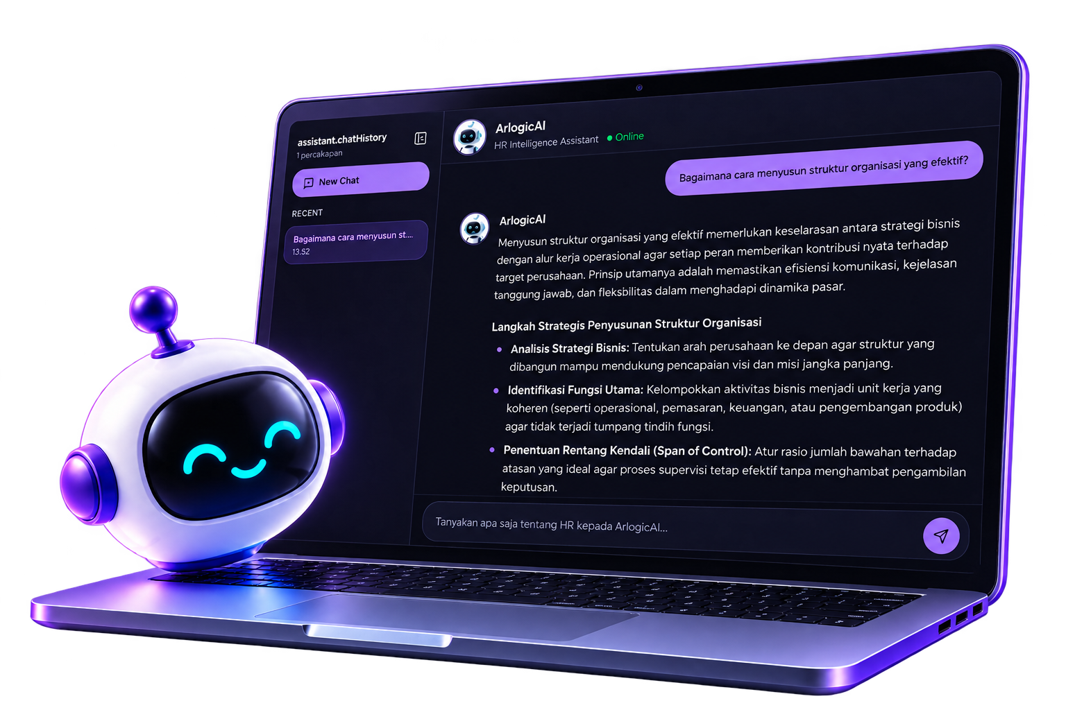 ArlogicAI Fellow dengan fitur Job Description, SOP, KPI, AI Insight, dan analisis retensi karyawan