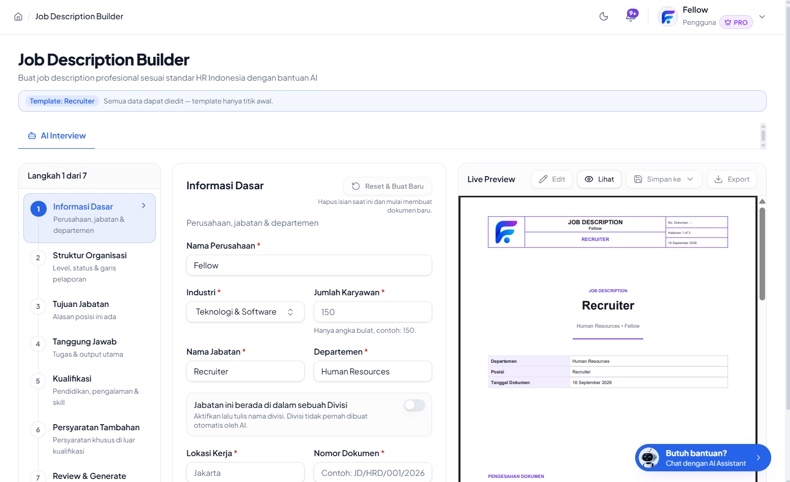 Tampilan Job Description Builder Fellow