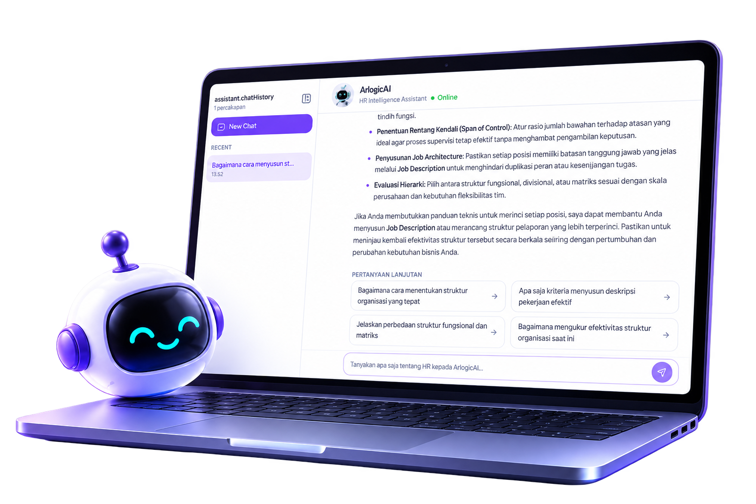 ArlogicAI Fellow dengan fitur Job Description, SOP, KPI, AI Insight, dan analisis retensi karyawan